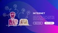 Internet concept with thin line icons: user is searching information on laptop. Modern vector illustration, web page template on Royalty Free Stock Photo