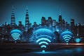 Internet conection and technology concept. Wifi icon over city skyline bokeh background. Generative ai