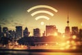 Internet conection and technology concept. Wifi icon over city skyline bokeh background. Generative ai