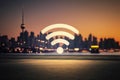 Internet conection and technology concept. Wifi icon over city skyline bokeh background. Generative ai