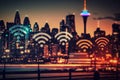 Internet conection and technology concept. Wifi icon over city skyline bokeh background. Generative ai Royalty Free Stock Photo