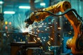 Internet connected software controls robotic welding arm in smart factory with monitoring system