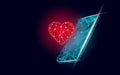 Internet dating app concept. 3D low poly smartphone romantic relationship symbol heart. Social media love date find Royalty Free Stock Photo