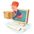 Internet delivery concept box pc computer monitor cartoon character design vector illustration Royalty Free Stock Photo