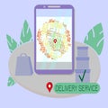 Internet delivery service on map of city by region. Template for web banner at order address. Vector illustration for design