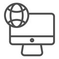 Internet on desktop line icon. Computer with planet vector illustration isolated on white. Network on device outline