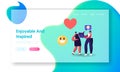 Internet Entertainment, Online Viral Content Landing Page Template. Girl Friend Characters Watching Funny Video