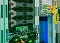 Internet equipments in datacenter server room. A bright display on the switches and servers Royalty Free Stock Photo