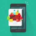 Internet food delivery or order via mobile phone vector illustration, flat cartoon cellphone and food products on