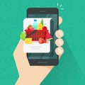 Internet food delivery or order via mobile phone vector illustration, flat cartoon hand with cellphone and food products