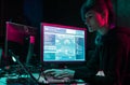 Internet fraud, darknet, data thiefs, cybercrime. Hacker attack on government server. Dangerous criminals coding virus