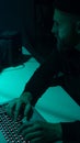 Internet fraud, darknet, data thiefs, cybergrime concept. Hacker attack on government server. Dangerous criminals coding