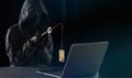 Internet fraud using computer technology, stealing money on the Internet, stealing credit card data. Hacker with a