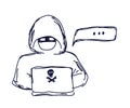 Internet fraudster and laptop on a white background. Sketch. Vector