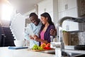 The internet is a great place to find food inspiration. a young couple using a digital tablet while preparing a healthy