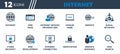 Internet Icon Set. Collection of Internet Connection, Website, Web Page, ISP, Social Network, Cyber Security, Domain Name and More