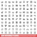 100 internet icons set, outline style Royalty Free Stock Photo