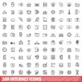 100 internet icons set, outline style Royalty Free Stock Photo