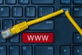Internet or online concept with www on computer keyboard and  cut internet cable Royalty Free Stock Photo