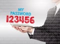 Internet password security concept. Binary code with text. Man holding a tablet computer Royalty Free Stock Photo