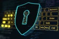 Internet protection and antivirus concept with blue digital contouring shield with keyhole on yellow blurred keyboard background. Royalty Free Stock Photo