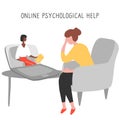 Internet psychologist. Patient discusses problems online with therapist. Mental health adviser leads reception video call.