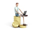Internet robots concept cartoon man sitting on a stack with coins working on a laptop 3d render on white