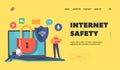 Internet Safety Landing Page Template.Computer and Account Protection Concept. Characters Work on Computer