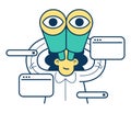 Internet search concept. The process of discovery and research in the network. Cartoon man looks with binoculars