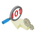Internet search icon isometric vector. Magnifying glass red code cursor and gear