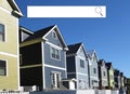 Internet search window and neighborhood street with new homes