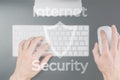 Internet security computer data symbol on blured keyboard background. Hacker attack and data breach, information leak