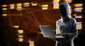 Internet security concept with hacker at digital map with node tree and binary code background Royalty Free Stock Photo