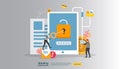internet security concept with people character. password phishing attack. stealing personal information data web landing page,