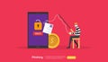 internet security concept with tiny people character. password phishing attack. stealing personal data. web landing page, banner,