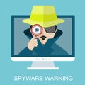 Internet security and spyware warning with detective. Hacking phishing attack. Computer attack and virus infection. Vector flat i