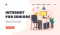 Internet for Seniors Landing Page Template. Grandpa Using New Technologies, Old Male Character Sit at Desk with Pc