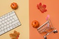 Internet Shopping Autumn Seasonal Shopping Concept White Keyboard Shopping Cart Fake Leaf and Pumpkin Yellow and Orange Background