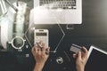 Internet shopping concept.Top view of hands working with calculator and laptop and credit card and tablet computer on dark wooden Royalty Free Stock Photo