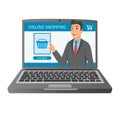 Internet shopping laptop concept illustration. Businessman on laptop screen advertises online shopping.