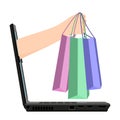 Internet shopping vector illustration. Laptop and hand with shopping bags. Online shopping, Royalty Free Stock Photo