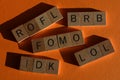 ROFL, BRB, FOMO, LOL, IDK, acronyms used in text speak