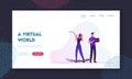 Internet and Social Network Addiction Website Landing Page. Woman with Smartphone on Face, Man with Tablet Tied