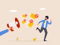 Internet spam concept. Scared man character run from huge loudspeaker with email message. Eenvelope letter icon. Flat Royalty Free Stock Photo