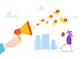 Internet spam concept, vector illustration, flat tiny woman character run from huge loudspeaker with email message