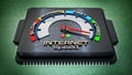 Internet speed dial on computer chip standing on green PCB. 3D illustration