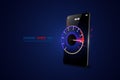 Internet speed test smartphone interface vector template. Mobile app page blue design layout. Wifi, mobile internet booster screen