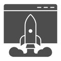 Internet startup browser window solid icon. Web page with rocket launch. Information technology vector design concept