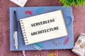 Internet storage and network infrastructure concept. SERVERLESS ARCHITECTURE words in the notebook, top view. Copy space