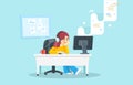 Internet surfing concept. Flat illustration. Girl sitting at a table behind a computer looking at the computer screen and w Royalty Free Stock Photo